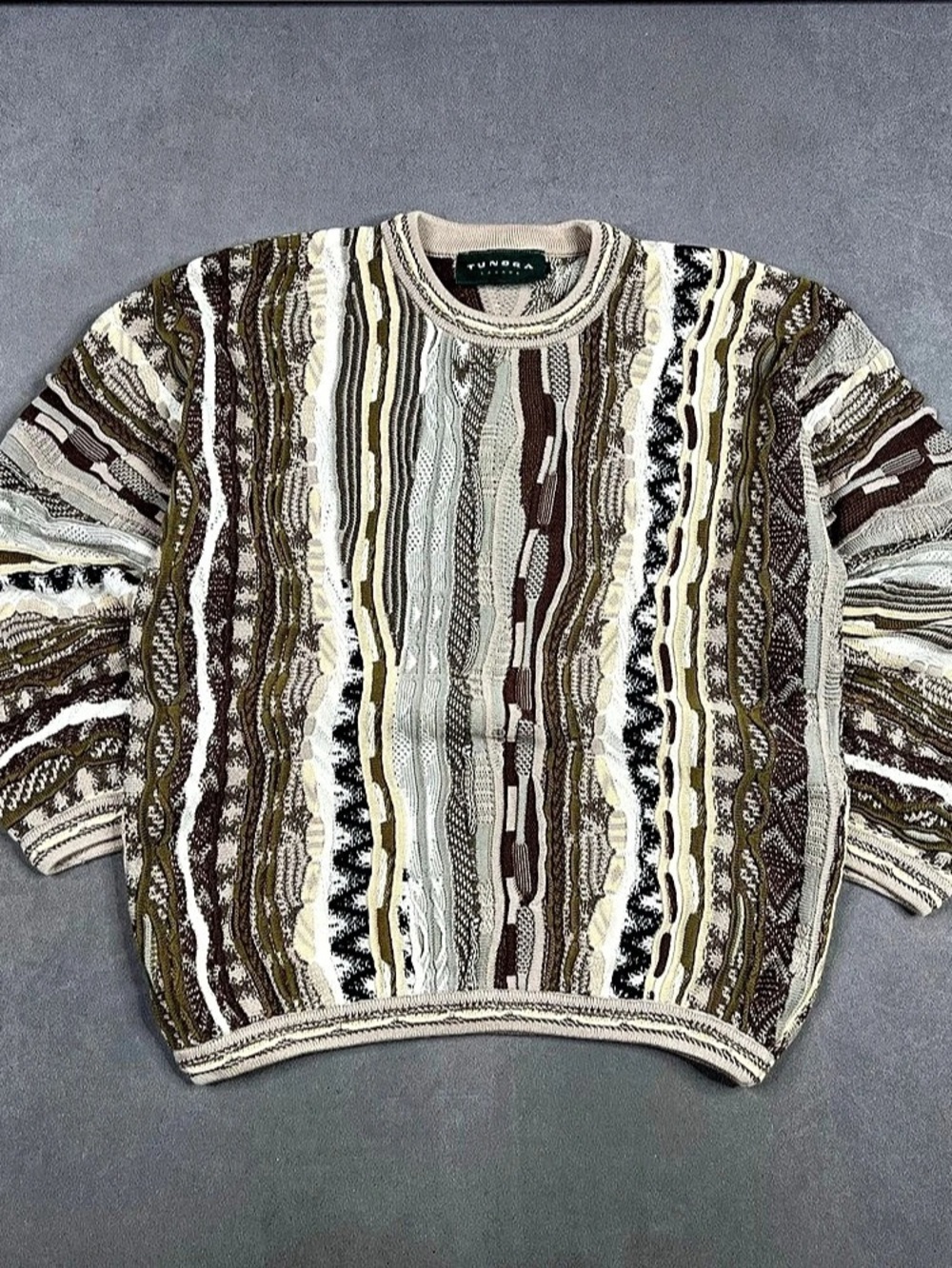 Tundra Canada Abstract Knit Crewneck Sweater in Brown & Cream Vintage Coogi Styl